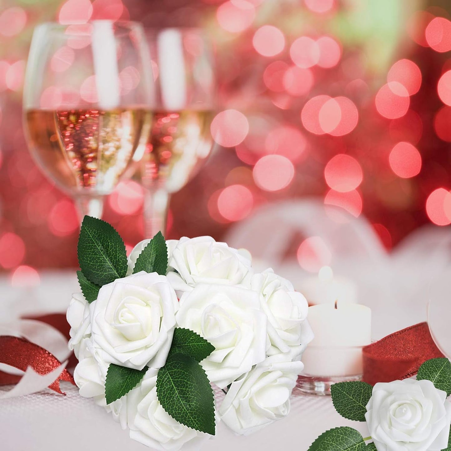 AmyHomie Artificial Flower White Rose 25pcs Real Looking Fake Roses w/Stem for DIY Wedding Bouquets Centerpieces Arrangements Party Baby Shower Home Decorations