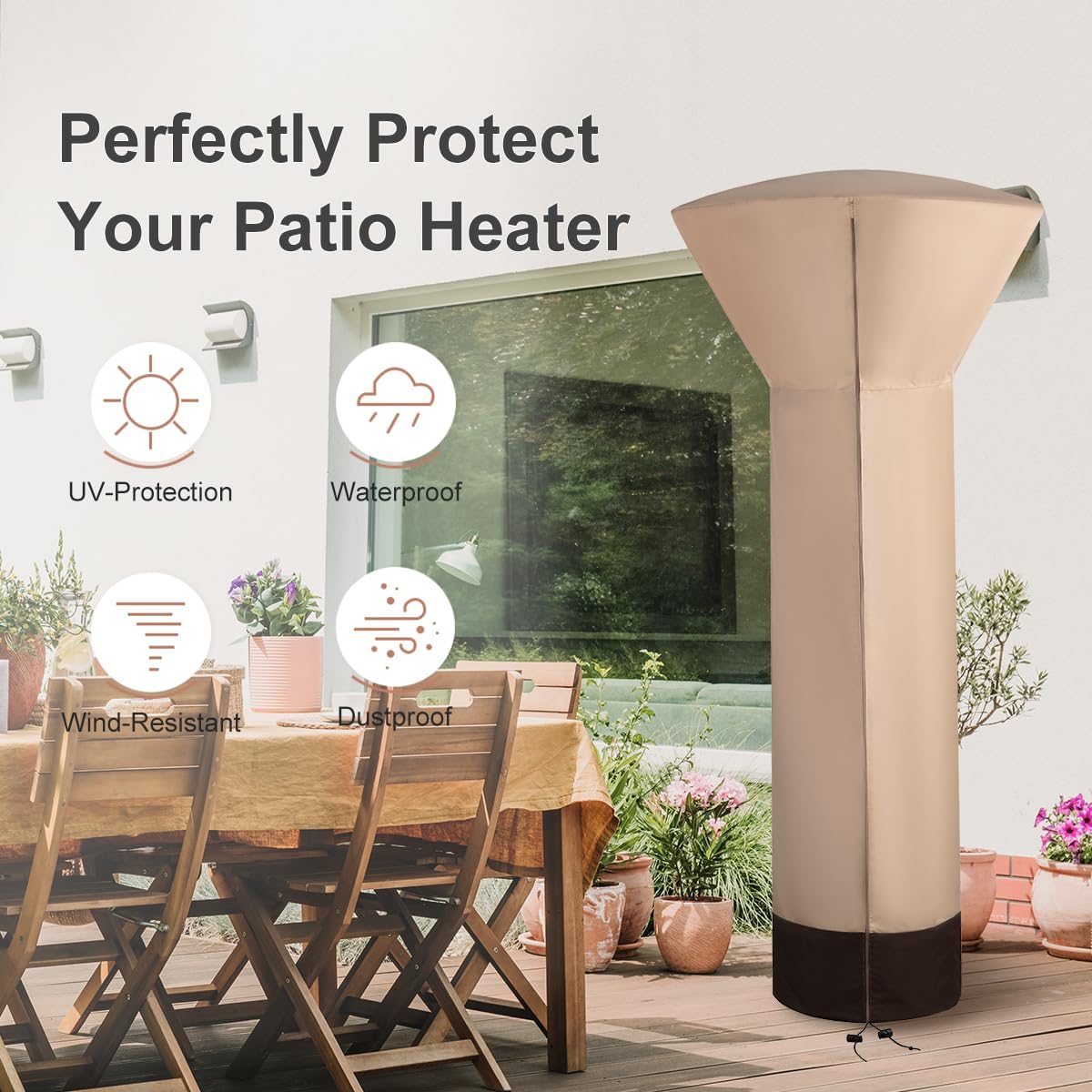 Vailge Patio Heater Covers with Zipper and Storage Bag,Heavy Duty 600D Oxford Waterproof Outdoor Heater Cover Wind Resistant Dustproof UV Resistant,Beige&Brown,89'' Height x 33" Dome x 19" Base,2 Pack