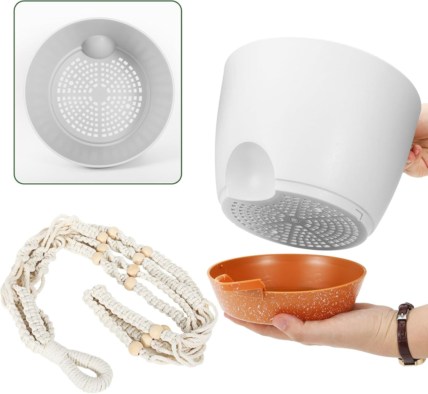 GARDIFE 8 Inch Hanging Planters with Macrame Plant Hanger for Indoor and Outdoor Plants, 2 Pack Large Self Watering Hanging Plant Pot with Basket Flower Pot with Drainage Hole, White