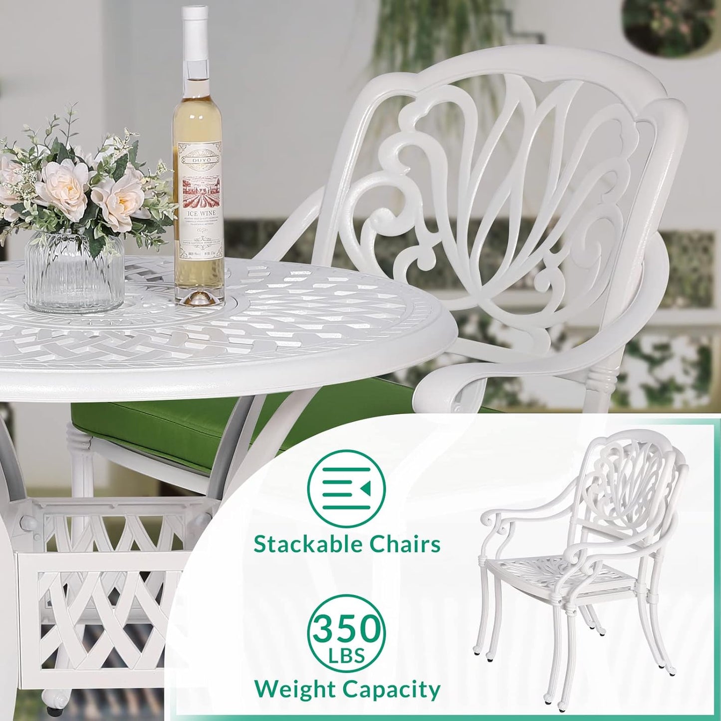 VIVIJASON 3-Piece Patio Bistro Sets, All-Weather Cast Aluminum Bistro Table Set Outdoor Patio Furniture, Include 2 Cushioned Chairs and 31" Round Table, 2" Umbrella Hole, White