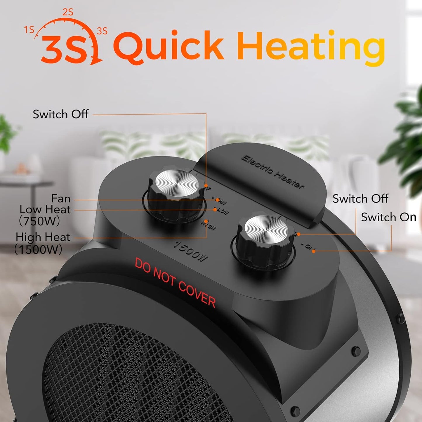 Space Heaters for Indoor Use, 1500W PTC Electric Heater with 90°Adjustable Angle, Fast Safety Heat, Small Portable Heater for Office Home(Silver)