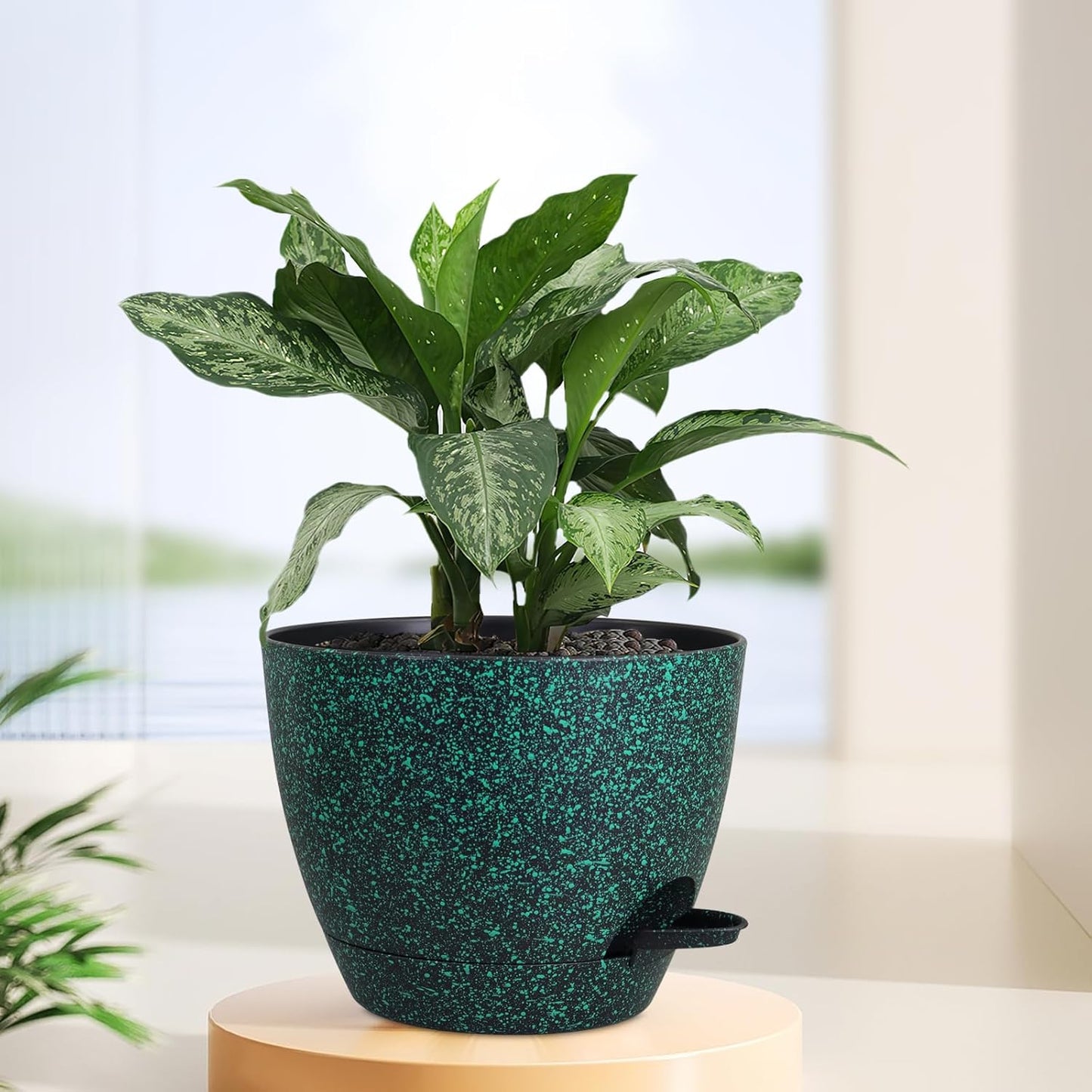 12 inch Large Self Watering Pots for Indoor Outdoor Plants, Flower Plant Pots with Mesh Drainage Holes for Garden House Plants, Plastic Planters for Home Plants, Black with Green Speckles