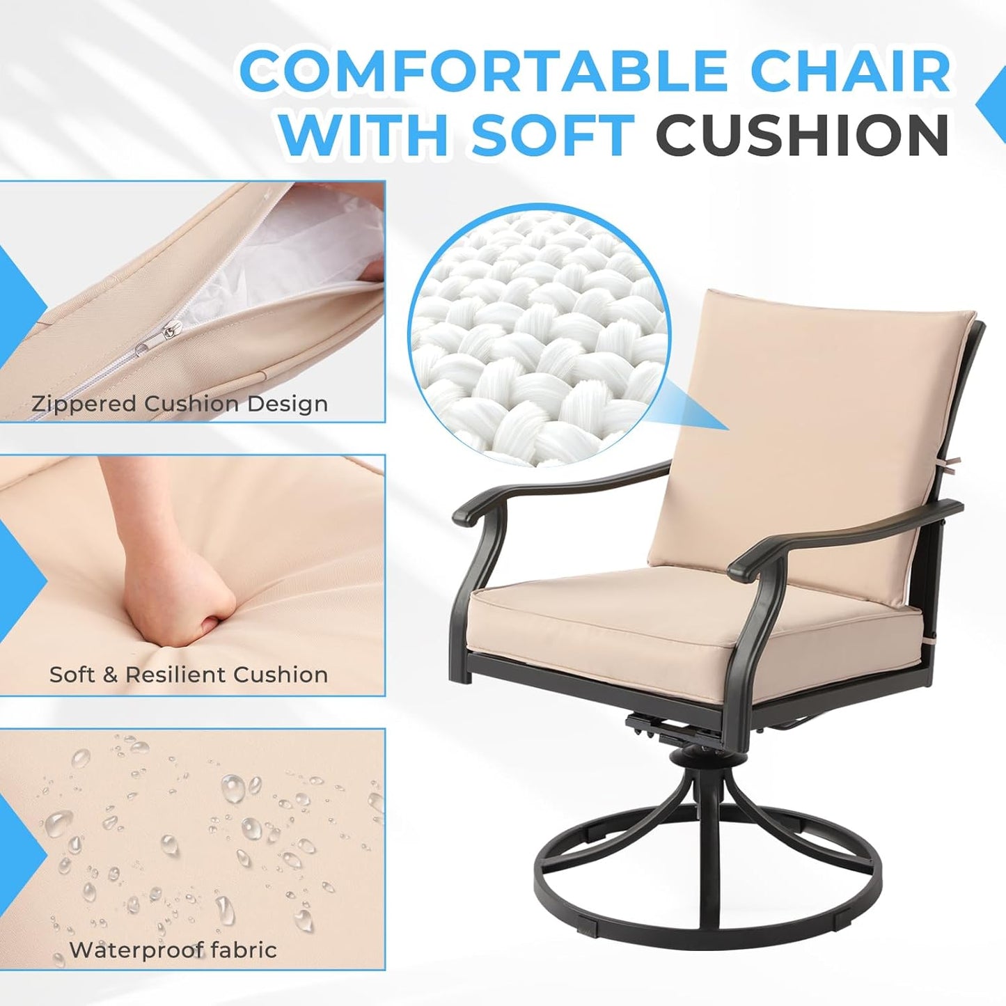 5-Piece Outdoor Patio Dining Set, Outdoor Patio Swivel Chair & Square Metal Patio Table, Outdoor Furniture Dining Set for Patio, Balcony, Lawn, Garden, Backyard (1 Square Table+ 4 Swivel Chairs)