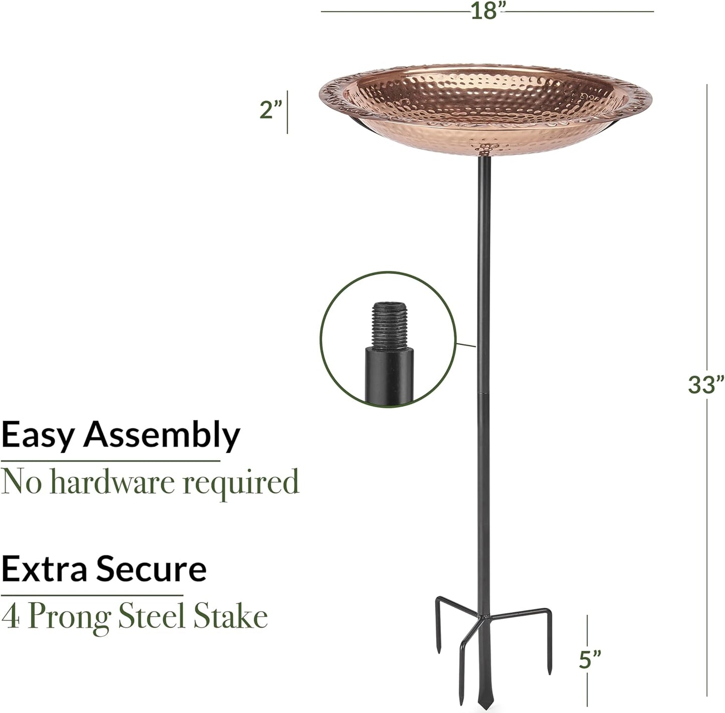 Good Directions BBG18 Copper Bird Bath, Includes Garden Pole, 18” Diameter Basin, Polished Copper