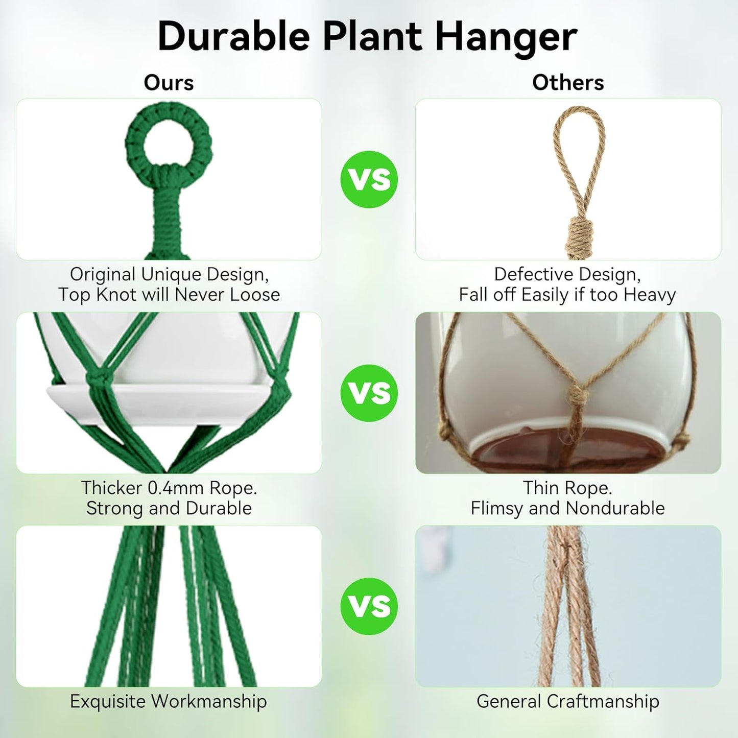 USLAI Macrame Plant Hanger Indoor Outdoor, Up to 4-15 inch Pot, Heavy 20lb Planters, Extra Long Strong Hanging Planter Basket Holder, Boho Home Decor, 49+72 Inch, Green (POTS NOT Included)