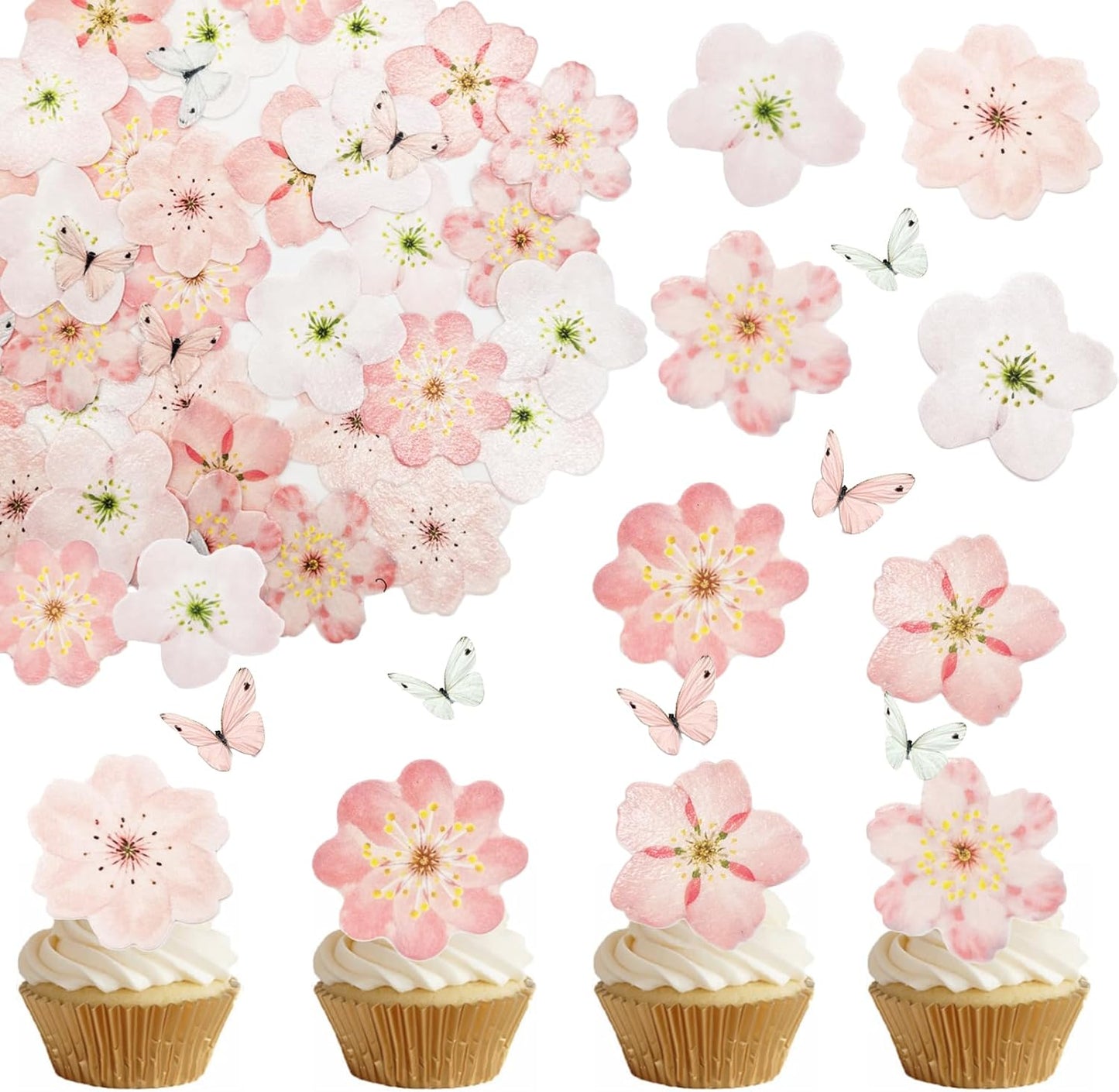 58 PCS Edible Cherry Blossoms Butterfly Cupcake Toppers Flowers Cake Decorations Wafer Paper Flowers Cupcake Topper for Baby Shower Kids Birthday Party Decorations Supplies Colorful