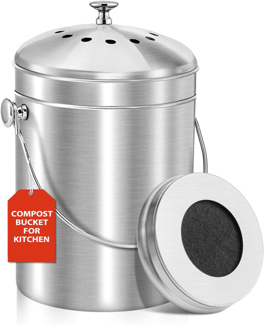 ENLOY Compost Bucket for Kitchen Countertop, 1.3 Gallon Stainless Steel Compost Bin Indoor with Lid, Odorless Food Waste Bucket with Charcoal Filter, Compost Pail for Kitchen with Carrying Handle