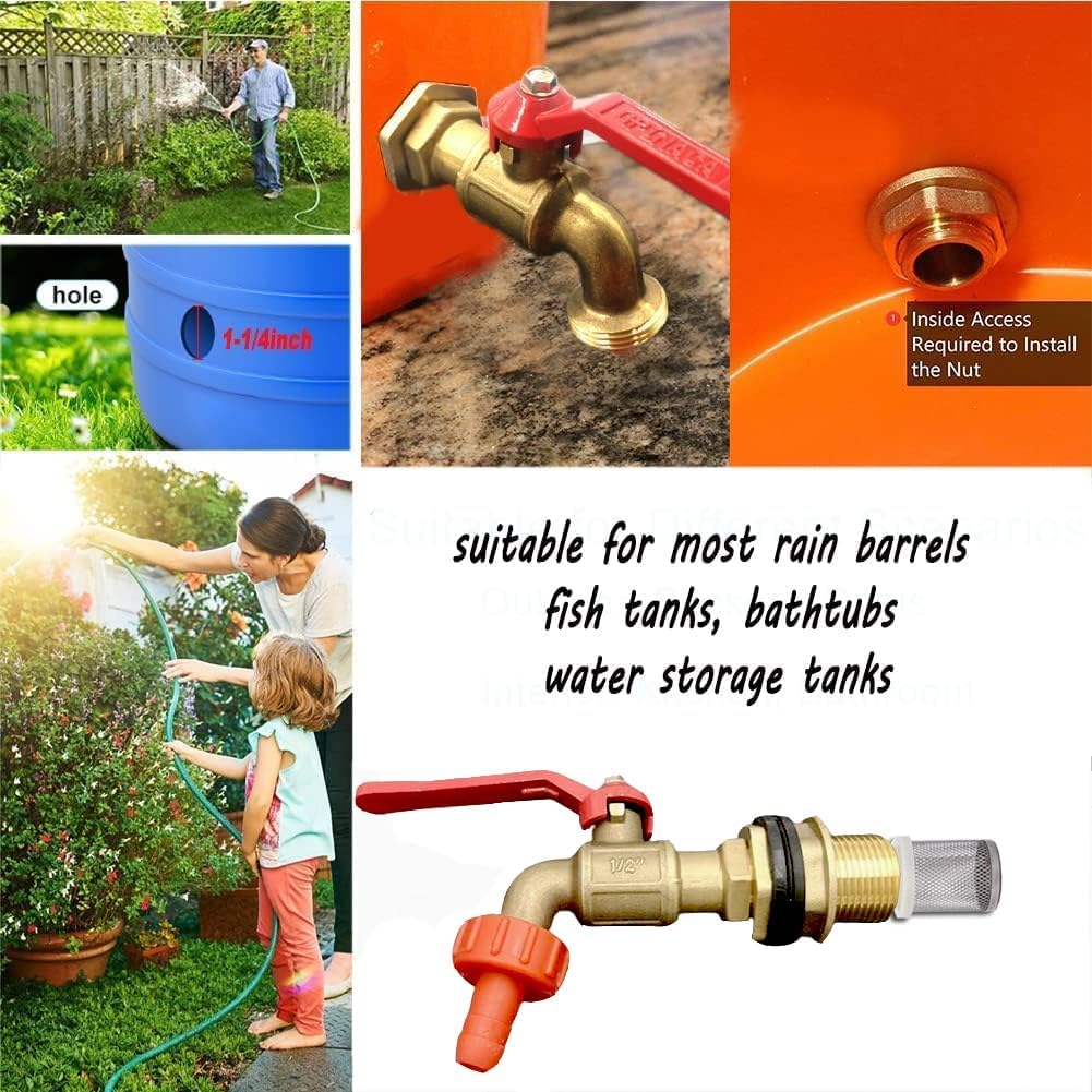 2Pcs Rain Barrel Spigots, Brass Faucet Kits for Rain Water Barrel, Water Tanks, Tubs, Pools Etc, Turn Ball Valve Rain Barrel Spigot with Bulkhead Fitting Set, Hose Adapter, Filter Mesh and Tape