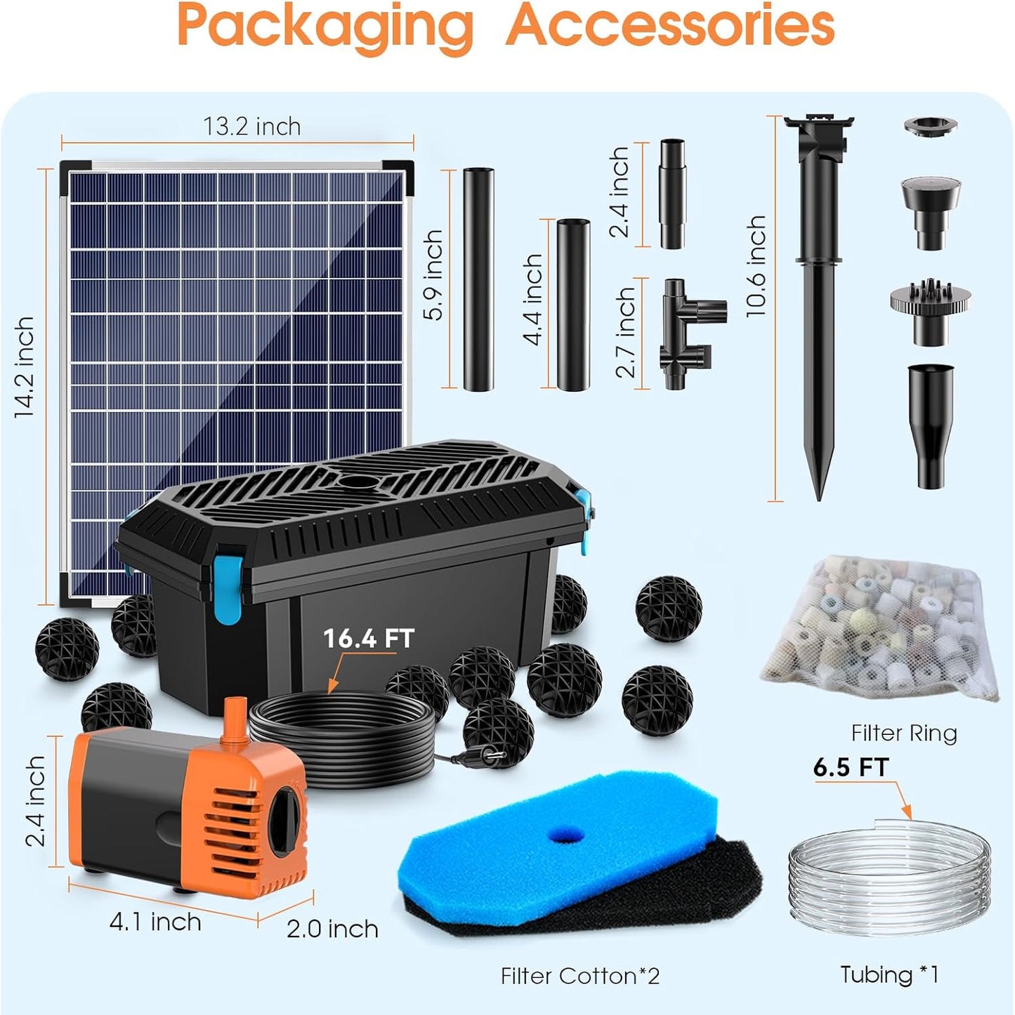 Antfraer 30W Solar Pond Filter with Water Pump,Solar Pond Pump with 6.6FT PVC Tubing/ 16.5FT Cord, Pond Filter for Outdoor Garden Waterfall DIY Water Features