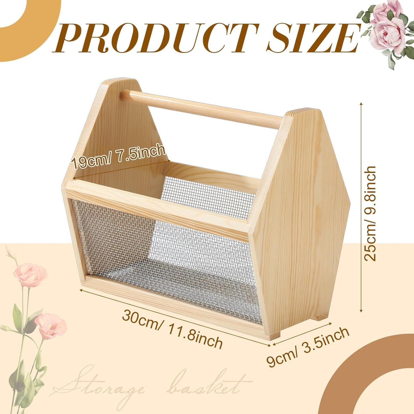 Garden Hod Harvest Basket Garden Harvesting Basket 12 x 10 x 7.5 Inch Pine and Metal Mesh Gardening Hod with Wood Handle for Flower Vegetable Fruit Gathering Supply Gift for Gardener