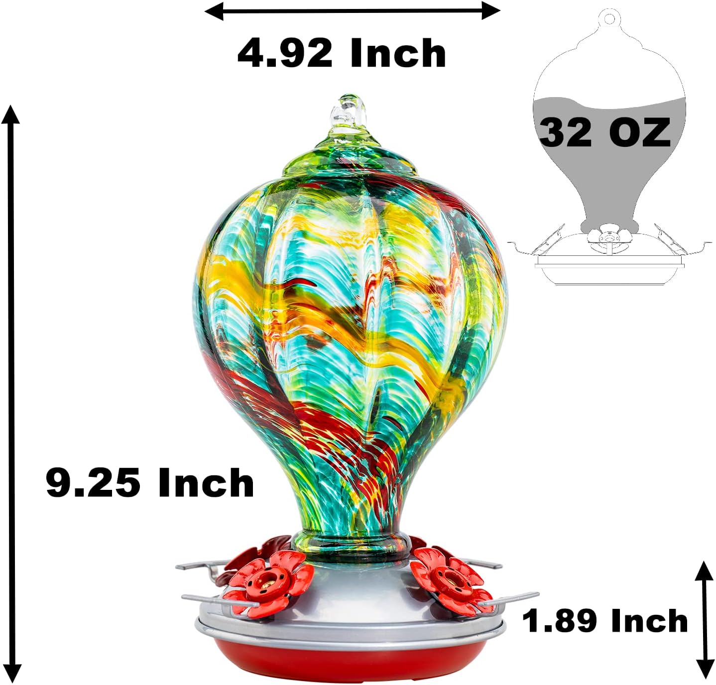Muse Garden Hummingbird Feeders Blown Glass Hummingbird Feeder, Garden Backyard Decor for Outside, 32OZ, Rainbow Spirit