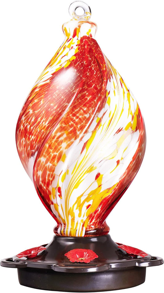 LUJII Ice Cream Shaped Spiral Hummingbird Feeder, Hand Blown Glass, 28 fl.oz, Leak Proof & Rustproof, Includes an Ant Moat for Outdoors Hanging, Unique & Stylish Garden, Outside & Backyard Decor (Red)