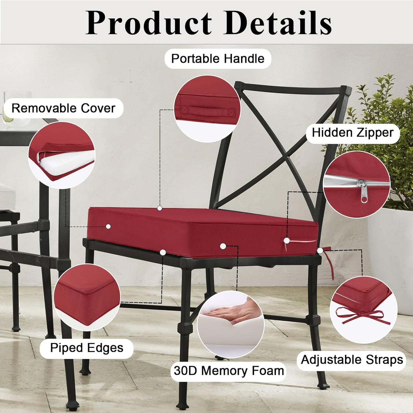 Outdoor Chair Cushions Set of 2 for Patio Furniture 19x19x4 Inch Waterproof Patio Chair Cushion 3 Year Color Fastness Square Elastic Foam Garden Couch Pads with Ties and Handle,Red