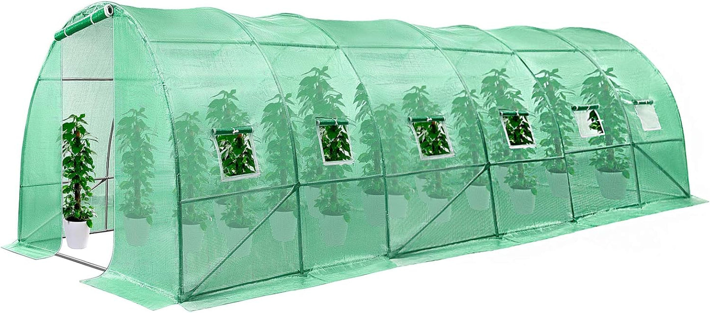 VIVOSUN 20x10x7 Ft. Large Walk in Greenhouse, Greenhouse Tunnel, Garden Plant Hot House with Green PE Cover, Roll-up Zipper Door and Window for Outdoor
