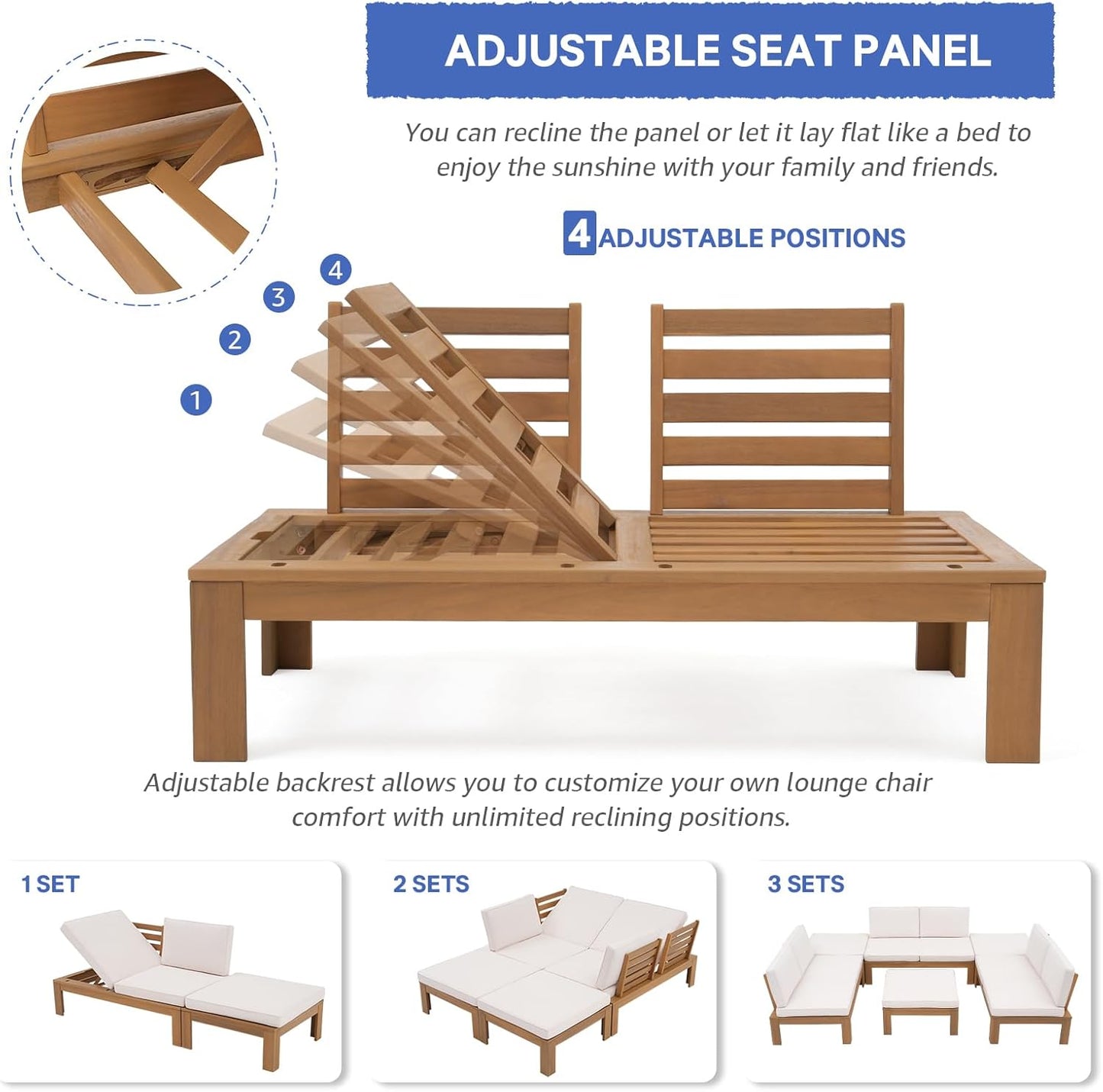SUNSITT 4 Piece Acacia Wood Patio Furniture Outdoor Sectional Sofa Set with Adjustable Armrest, FSC Certified L-Shaped Patio Set w/2-in-1 Coffee Table, Cream White Cushions for Garden