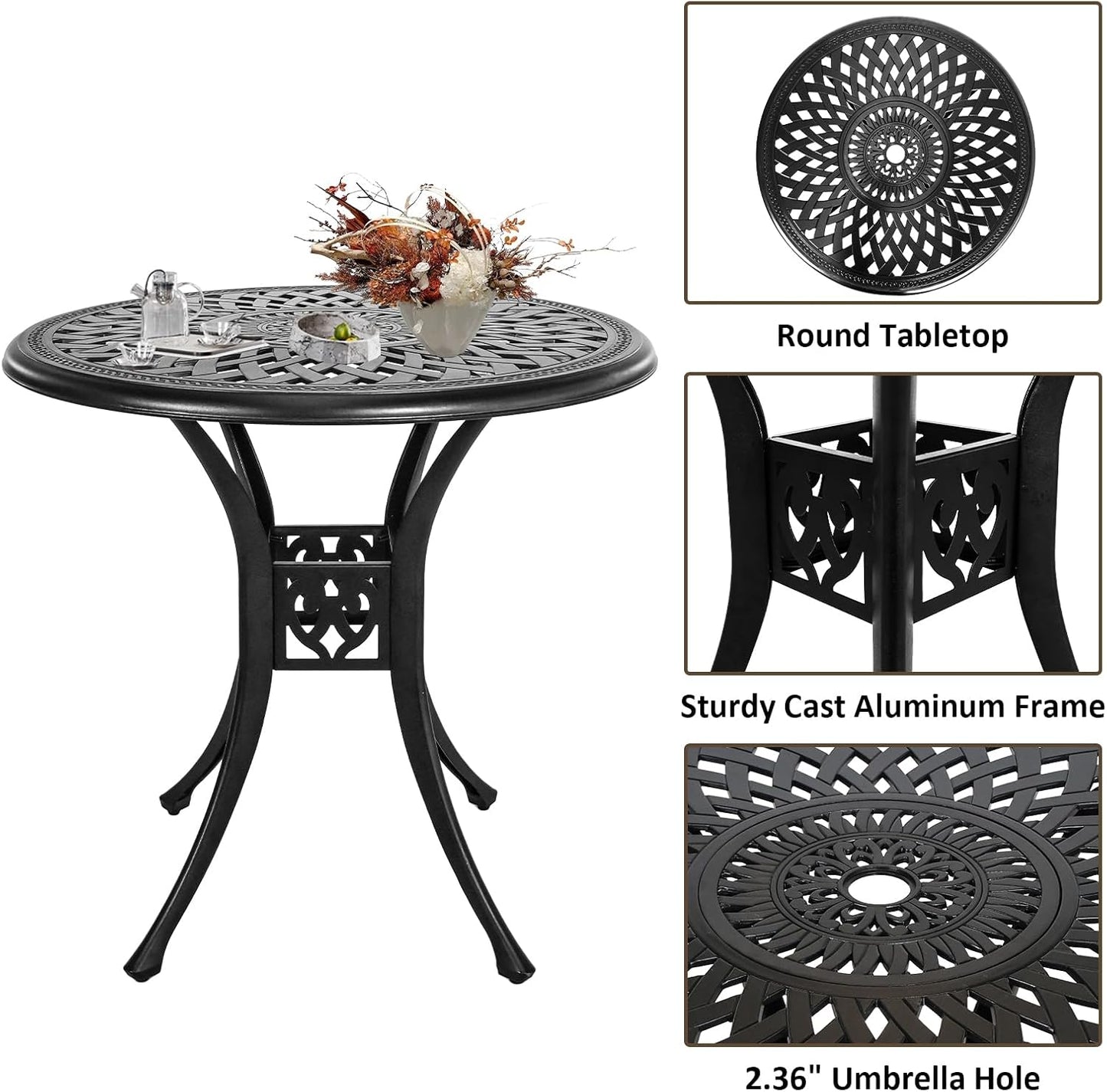Outdoor Patio Table and Chairs Patio Dining Furniture Set Cast Aluminum Outdoor Table Set Bistro Chairs for Garden (Black, 3 Piece Round Table Set)