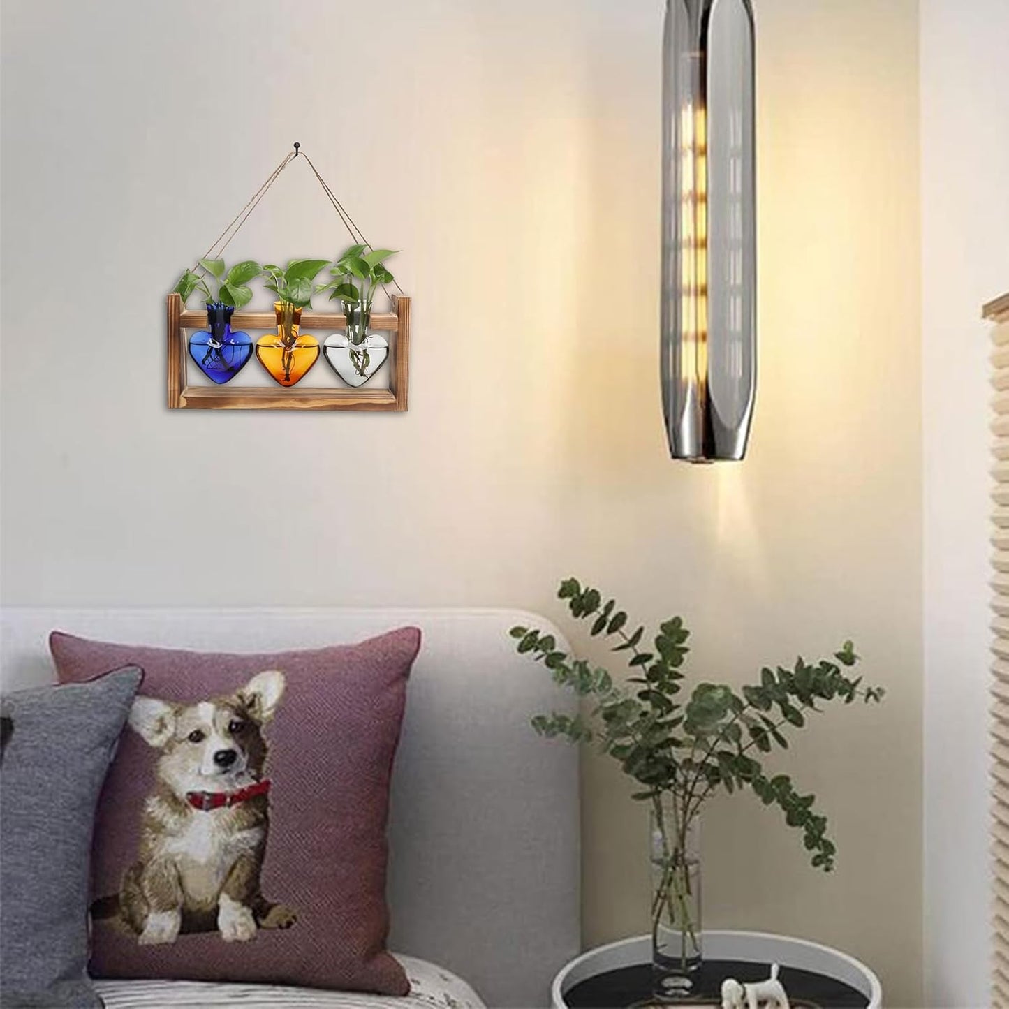 Plant Terrarium Propagation Stations Hydroponics Home Garden Decoration Gift for Women with Wooden Stand Heart Shaped Colored Glass Vase