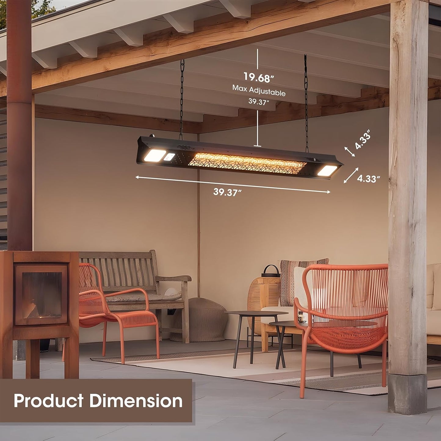 Wall-Mounted Electric Heater Hanging Patio with Light Ceiling Outdoor, 1500W Infrared 9 Heat Levels, 24H Timers, 1s Heating Carbon Fiber Tube Wall Heater for Backyard, Garage