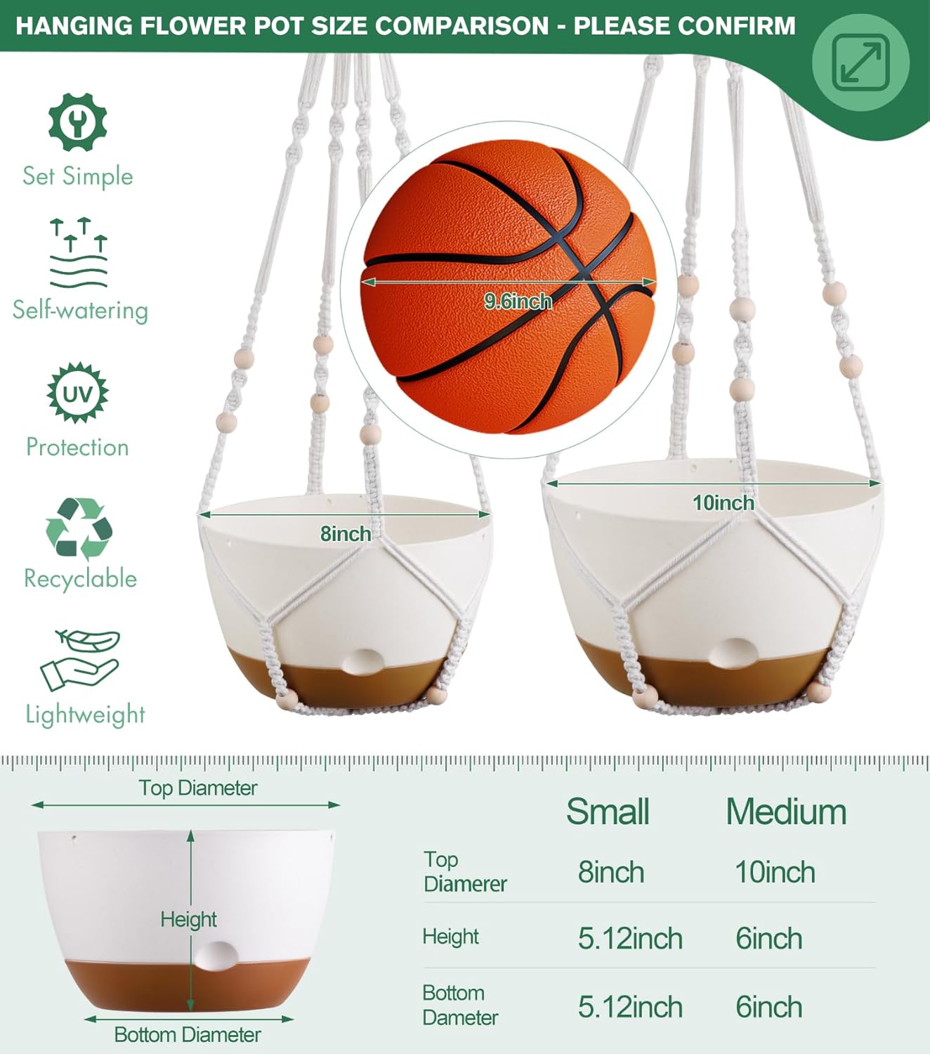 Set of 2-8 Inch Hanging Planters for Indoor Plants with Self-Watering Includes Hanging Pots for Plants, Outdoor Plant Pot with Drainage, and 2 Types of Hanging Baskets Hangers (White)