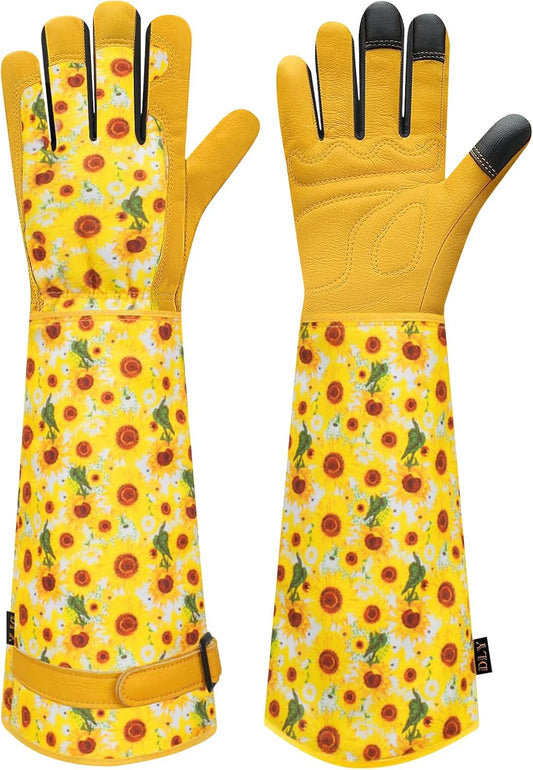 DLY Gardening Gloves for Women, Rose Gloves Gardening Thorn Proof, Long Garden Gloves for Women, Breathable Cowhide Leather Gauntlet (Large, Yellow