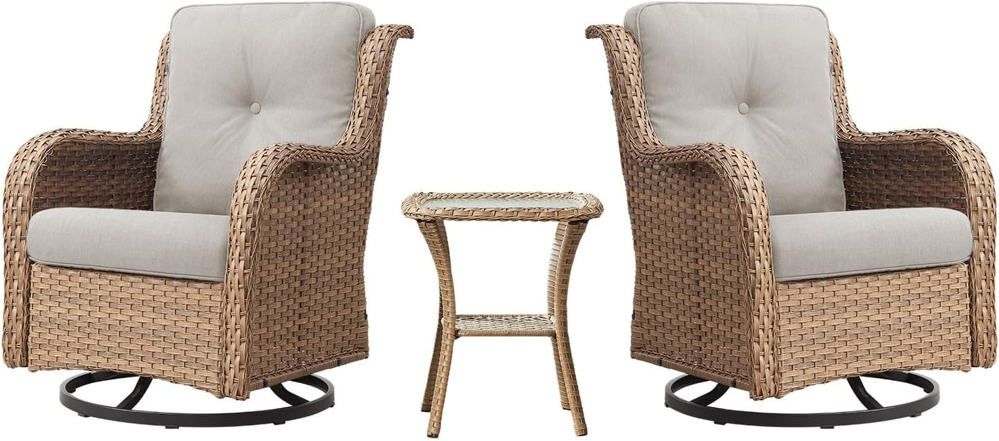 Outdoor Swivel Rocker Patio Chairs - 360 Degree Swivel Glider Seating 350LBS Weight Capacity 3 Piece Wicker Rocking Chairs Set with Side Table for Porch Balcony Deck, Yellow/Beige