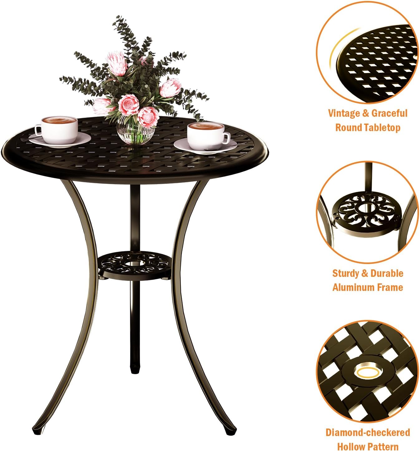 3 Piece Patio Bistro Set, Outdoor Bistro Table and Chairs Set of 2 w/Umbrella Hole, Rust-Resistant Cast Aluminum Bistro Set for Garden/Balcony/Backyard, Golden Bronze