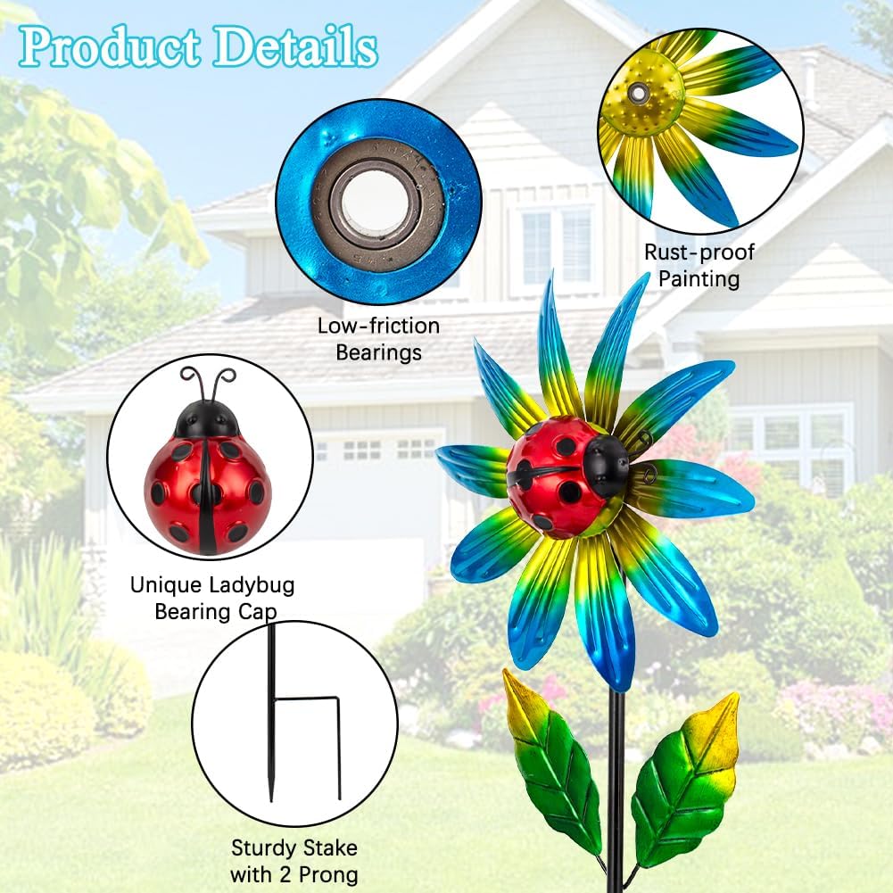 2 Pack Wind Spinner Outdoor,Waterproof Metal Windmill with Ladybug,Pinwheels for Yard and Garden, Flower Wind Sculpture & Spinner for Patio Lawn Decor