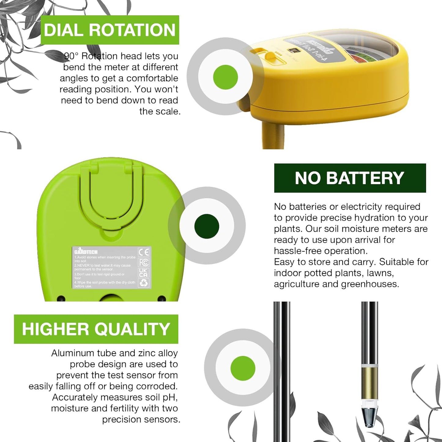 Gardtech Soil Moisture Meter - 4-in-1 Soil Test Kit Without Battery, Soil Moisture/Light/Nutrients/pH Meter for Plant, Garden, Lawn, Indoor & Outdoor (Yellow)
