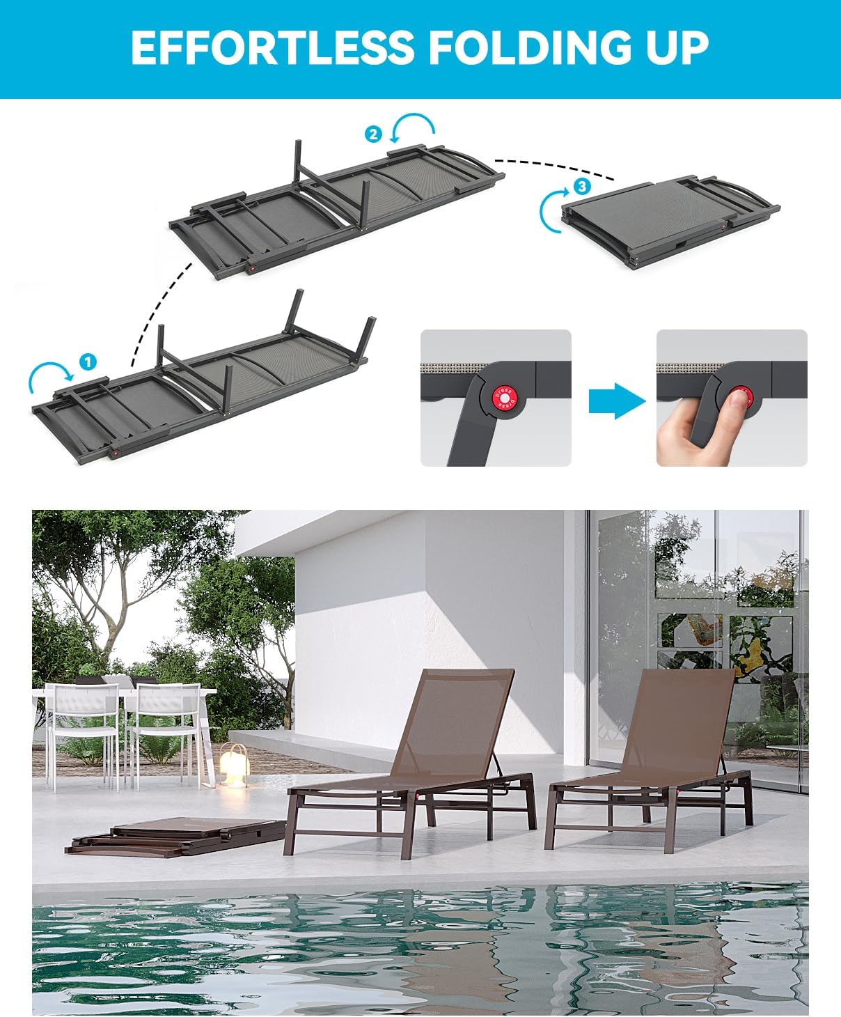 Aluminum Chaise Lounge Chair Outdoor, Foldable Patio Lounge Chair 2 Sets Assemble-Free, Pool Lounge Chairs with 5 Adjustable Backrest, Outdoor Lounge Chairs for Outside Poolside Beach Lawn Brown