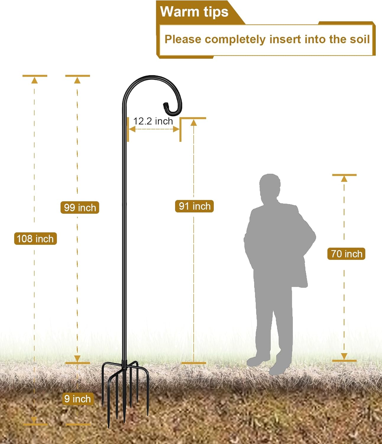 Shepherd Hook 108 Inch Tall Heavy-Duty Metal Garden Hanging Pole Stake for Bird Feeder Pole Plant Baskets, Black (1 Pack)