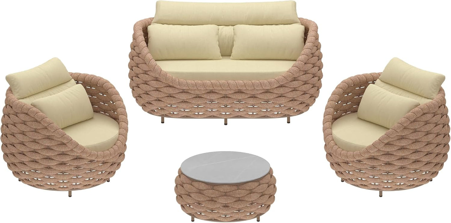 5 Pieces Patio Furniture Set, Outdoor Rope Conversation Sectional Patio Sofa with 5 Seater for Backyard, Porch, Modern Armchairs with Thickness Cushions and Side Table, Light Brown