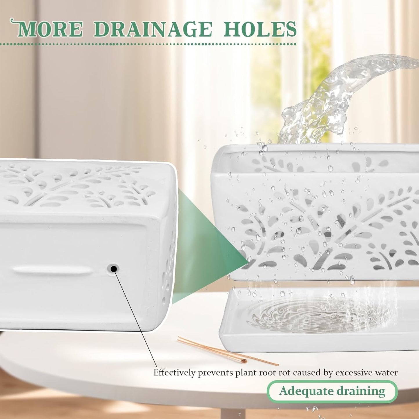 Ceramic Orchid Pot, 10 Inch Rectangular Orchid Pots with Holes, Premium Thickened Handmade Glazed Pot for Orchidaceae Plants, Indoor Outdoor Decorative Flower Pot for Easy Repotting