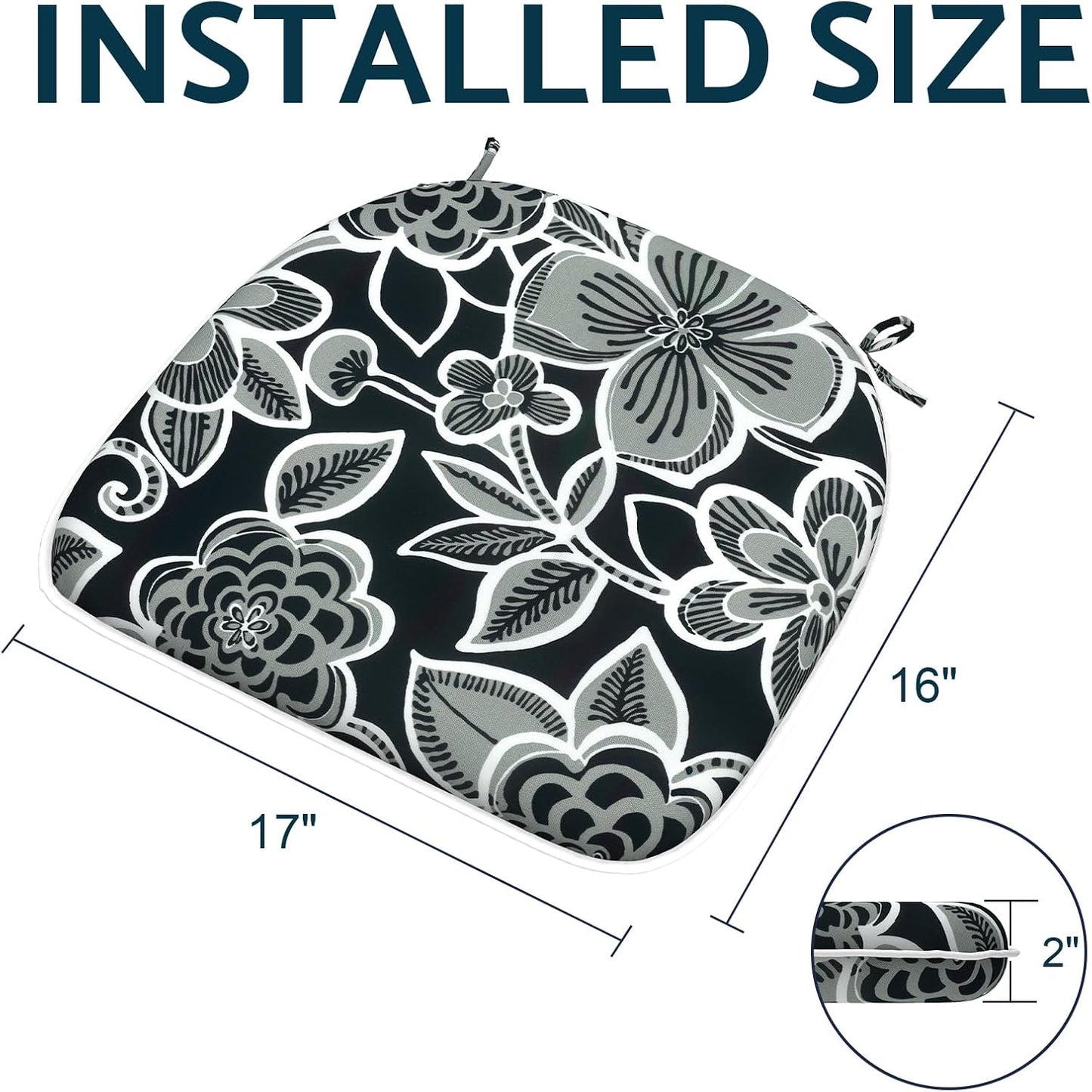 Indoor/Outdoor Chair Cushions 16x17 Inch, Patio Chair Cushions with Ties, All Weather Seat Cushions for Patio Furniture Home Garden Chair Use, Set of 4,Flower Black