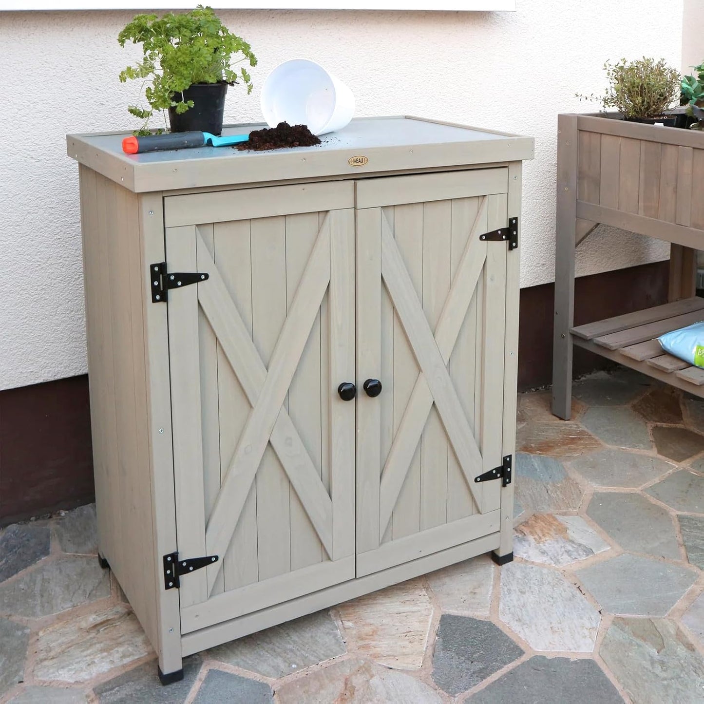 Outdoor Storage Cabinets Weatherproof for Patio, Garden Work Bench with Shelves & Metal Tabletop, Wooden Potting Table Workstation