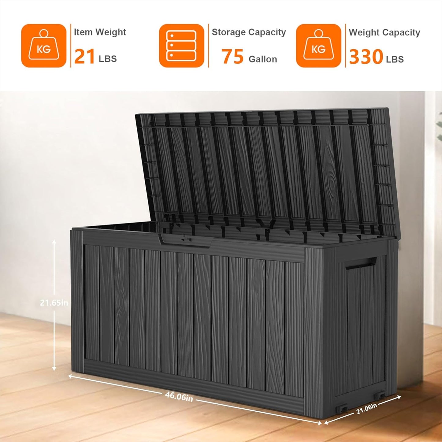 75 Gallon Resin Deck Box, Lockable Patio Outdoor Storage Box for Furniture, Garden Tools and Tools Storage, Waterproof Outside Storage Boxes - Black