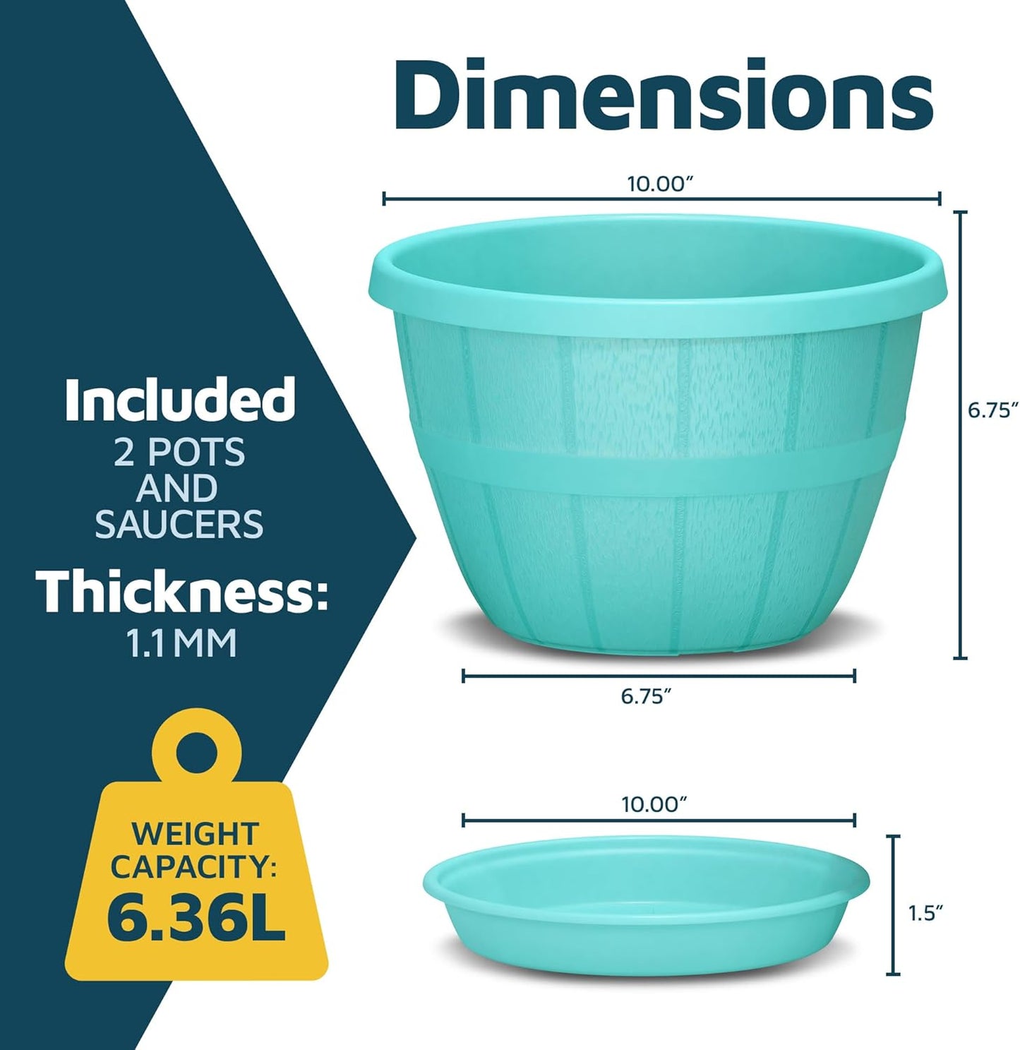 10-Inch Whiskey Barrel Planters Outdoor Pack of 2 - Durable Plastic Plant Pots for Indoor & Outdoor Use with Drainage & Saucer, Lightweight Rustic Barrel Planters for Flowers, Herbs & Small Plants