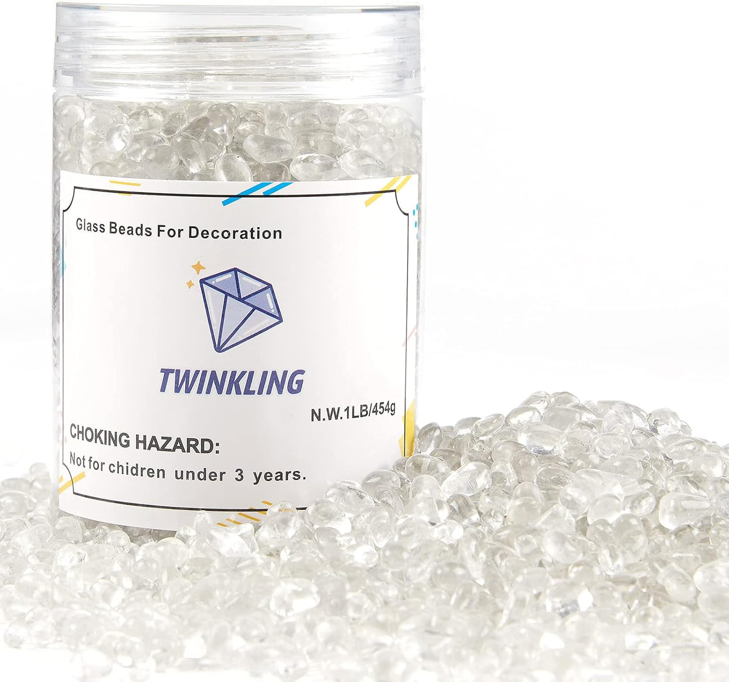 TWINKLING High Luster Round Fire Glass Stones,Glass Marbles Pebbles,Glass Beads Gems for Fire Pit Vase Fillers Crafts Aquarium Garden Decoration,3-6mm,1-Pound Jar (Crystal)