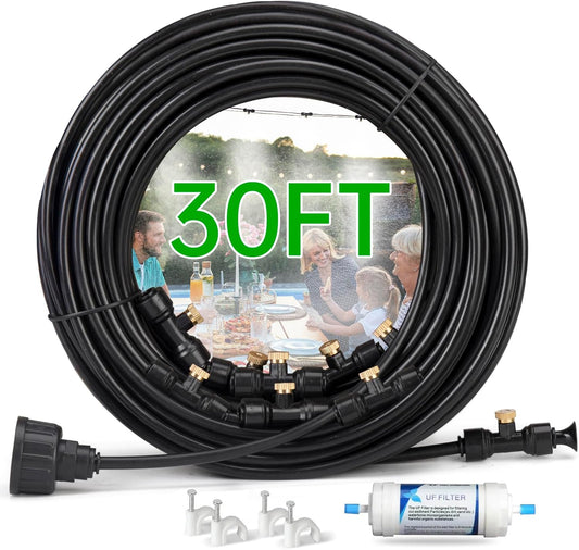 30FT Outdoor Misting Cooling System‌ - Patio Garden Kit with ‌Brass Nozzles & UV Tubing‌, DIY Install for ‌Pool, BBQ, Greenhouse‌, Water-Saving High Pressure Cooler