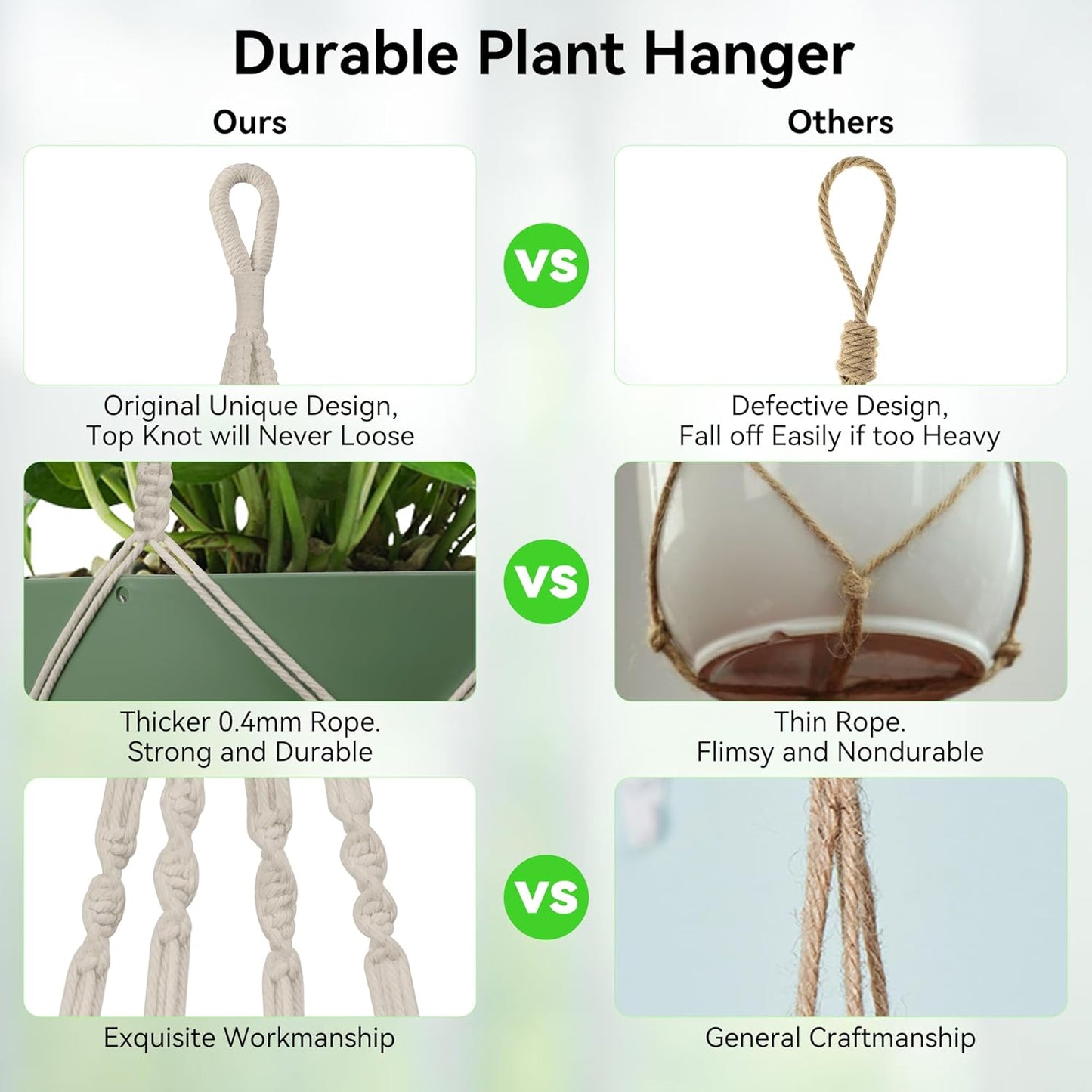 USLAI Macrame Plant Hanger Indoor Outdoor, Up to 4-15 inch Pot, Heavy 20lb Planters, Extra Long Strong Hanging Planter Basket, Boho Home Decor, 35 Inch, Ivory, Set of 2 (POTS NOT Included)