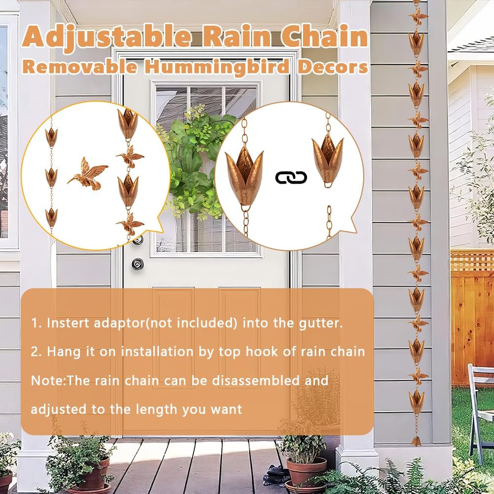 Rain Chains for Gutters, 8.5 Ft Rain Water Chain with 10 Tulip Cups & Detachable Hummingbird Decor, Adjustable Gold Rain Catcher Chain, Replacement for Downspout