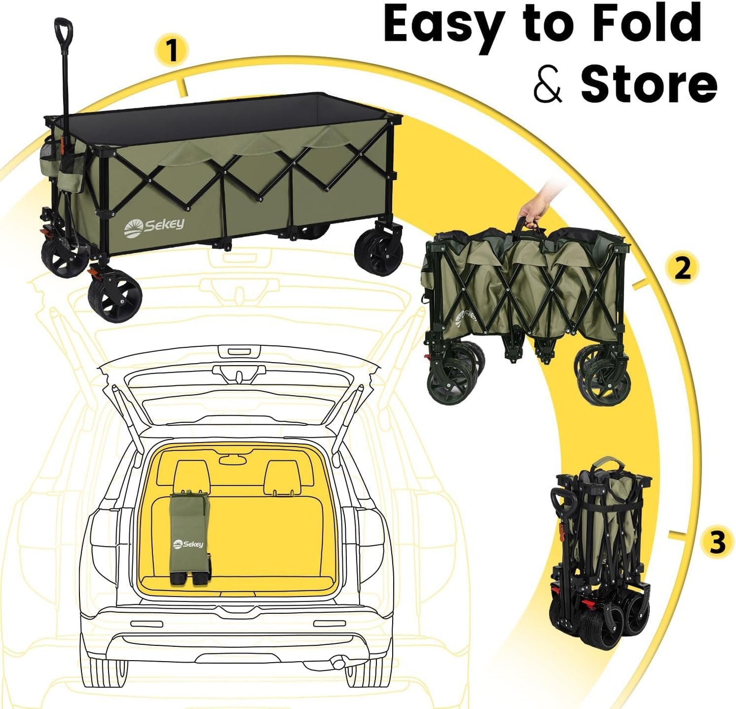 Sekey 48''L Collapsible Foldable Extended Wagon with 440lbs Weight Capacity, Heavy Duty 300L Folding Utility Garden Cart with Big All-Terrain Beach Wheels & Drink Holders. Khaki