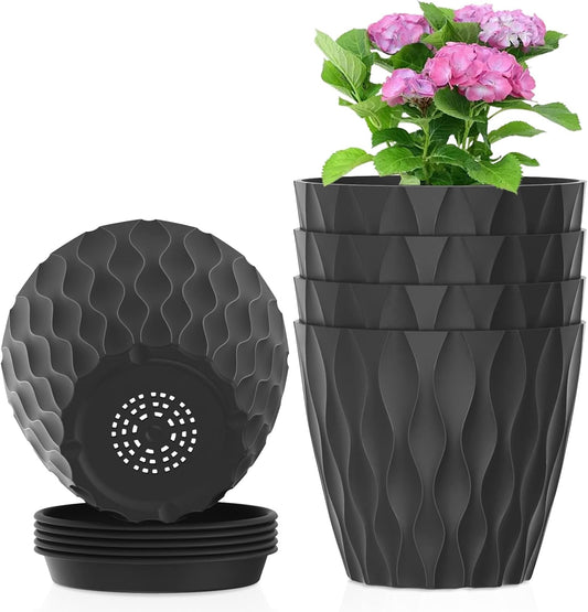 4 inch Small Plastic Nursery Pots, Seedling Pots, 5 Set Water Ripples Plant Pots for Indoor Plants, Flower Pots with Drainage Holes and Saucers, Seed Starter Pots for Succulent Plants, Black