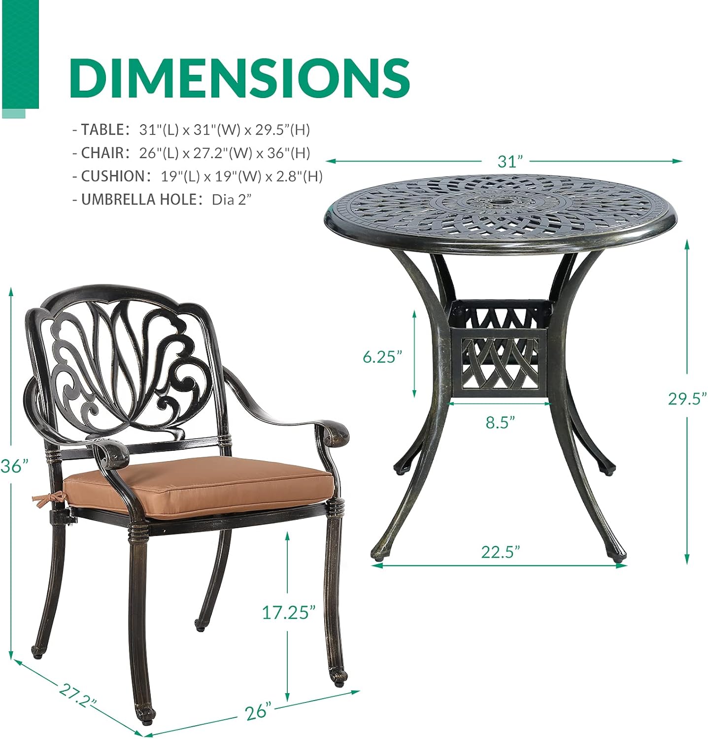 VIVIJASON 3-Piece Patio Furniture Dining Set, All-Weather Cast Aluminum Outdoor Bistro Set, Include 2 Chairs, 2 Cushions and 31" Round Table w/Umbrella Hole for Balcony, Lawn, Garden, Backyard