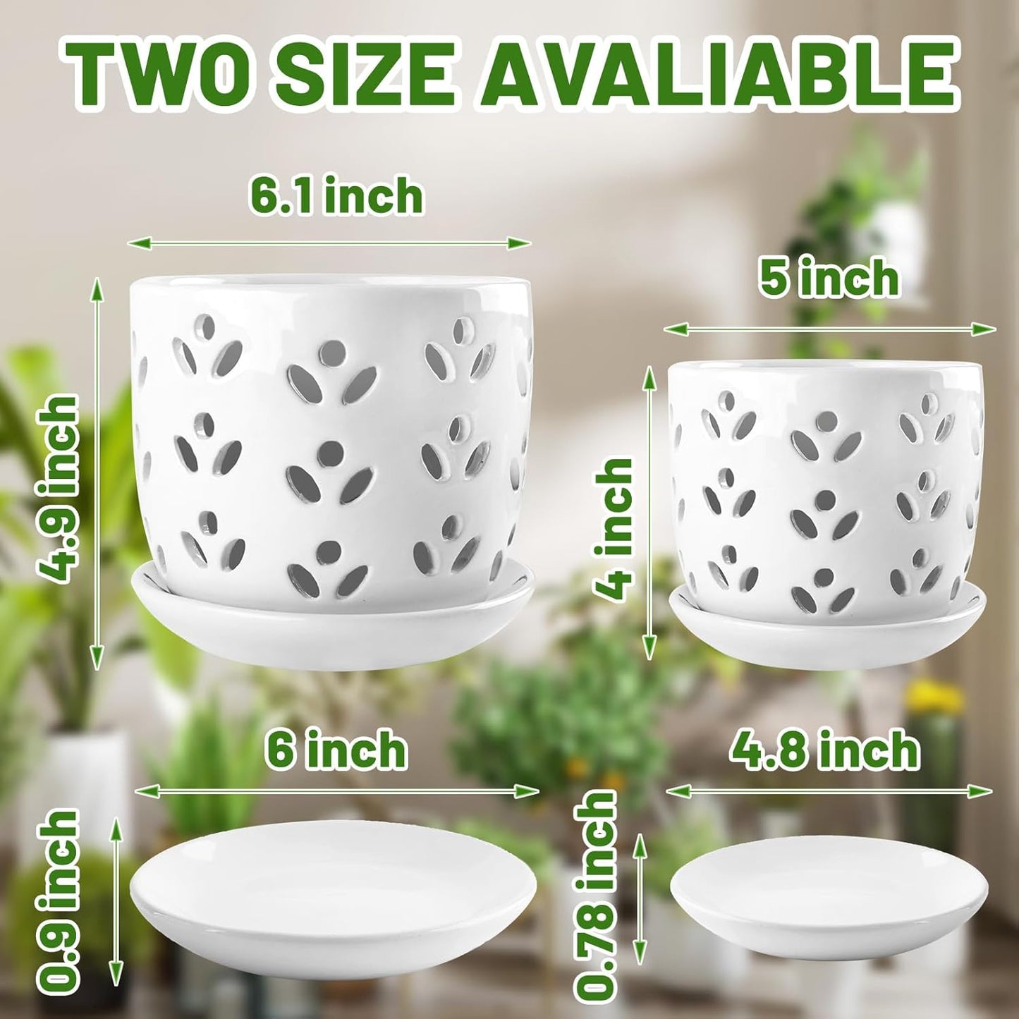 REMIAWY Orchid Pot, 2 Pack Orchid Pots with Drainage Holes and Saucer, 6 Inch and 5 Inch Large Ceramic Planter for Repotting Indoor Plants, Succulent, Decorative, Good Air Circulation, White