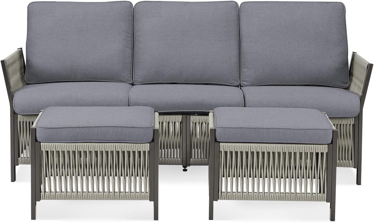 3 Pieces Patio Furniture Set, Outdoor Sectional Wicker Patio Couch with Ottoman & Washable Cushions All-Weather PE Rattan Patio 3-Seating Sofas for Garden, Porch, Backyard - Dark Grey