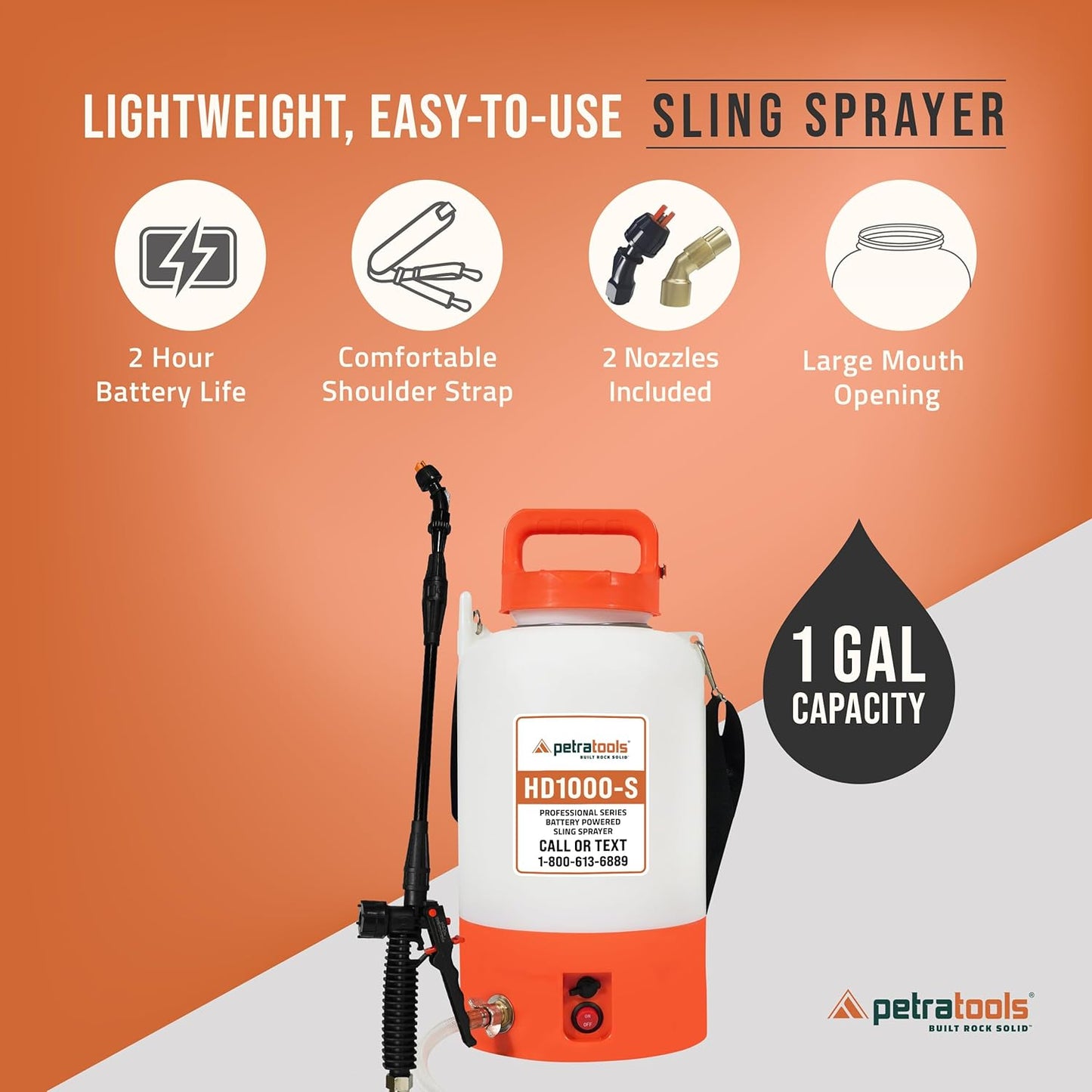 PetraTools Battery Powered Sprayer 1 Gallon - HD1000-S - Heavy Duty Electric Sprayers in Lawn and Garden for Weed/Pest Control, Watering & More - with 8 Nozzles & Strap (1 Gallon ProKit)