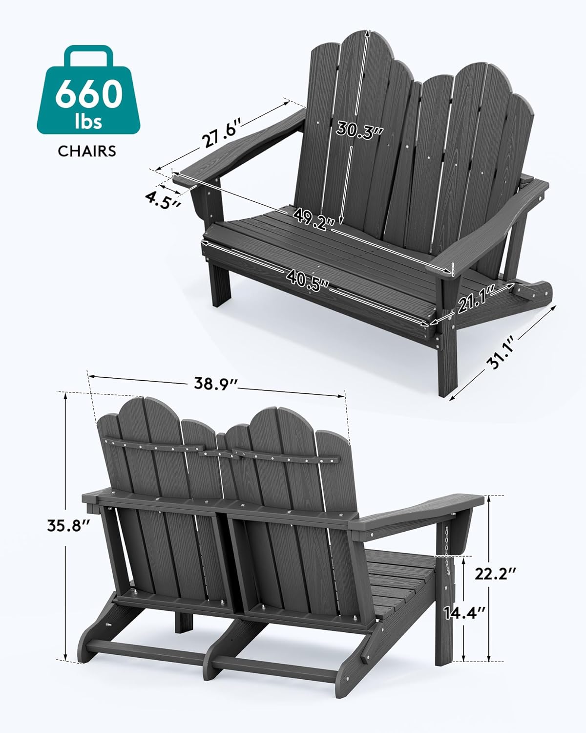 SERWALL Folding Adirondack Bench, HDPE All-Weather Adirondack Loveseat Set of 2, Grey