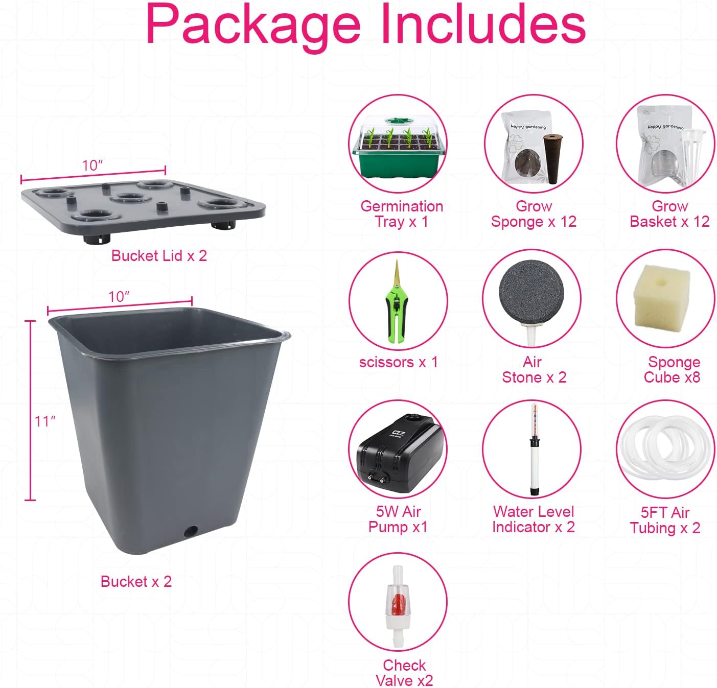 2 Hydroponic Buckets Kit for Plants, Hydroponics Growing System for Herbs/Tomato/Vegetables, DWC System with Air Pump & Germination Tray (Complete Indoor Hydroponic Gardening Supplies)