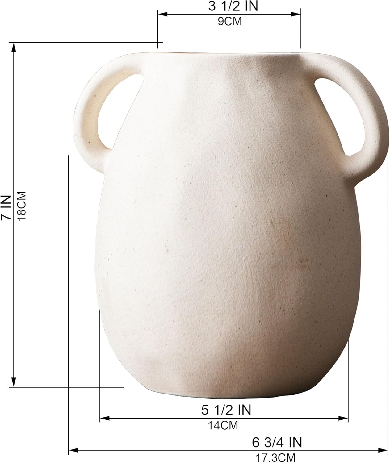 Off-White Ceramic Vase with 2 Handles, Sandstone Texture for Modern Farmhouse Decor, Rustic Pottery, Decorative Flower Vase, Clay Small Vase, Centerpiece for Dining Table - 7 Inch Tall