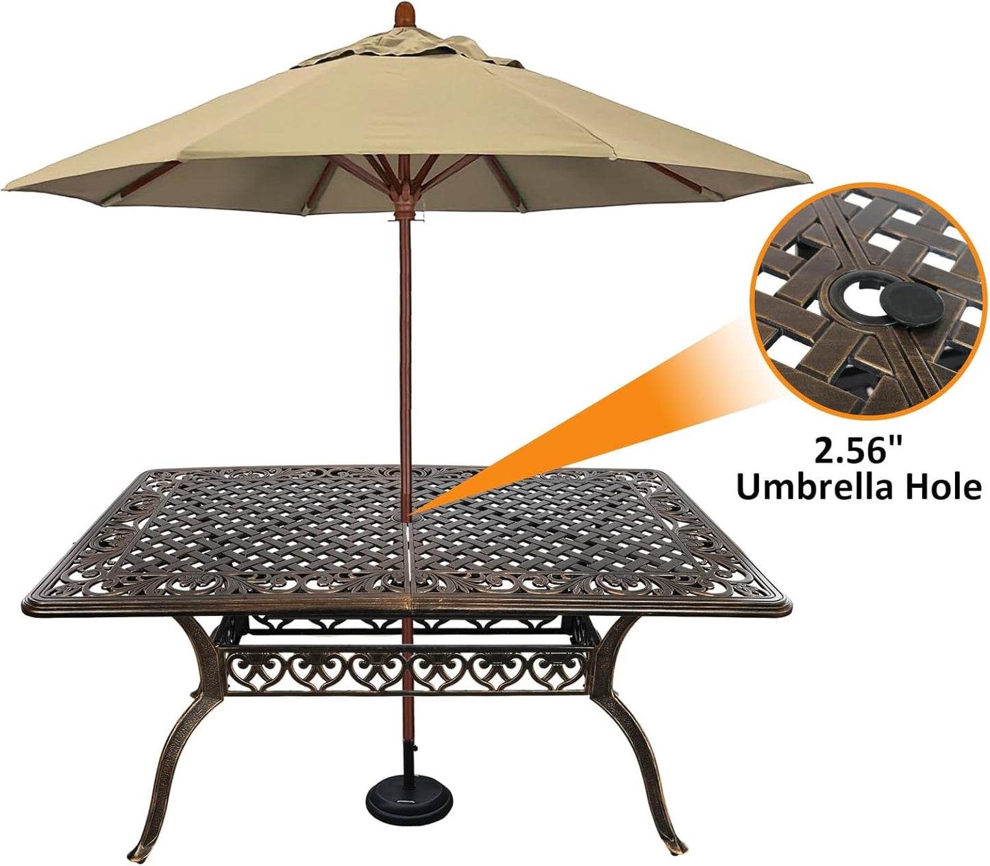 60" Rectangular Patio Dining Tables for 6 Person Cast Aluminum Round PatioTable with 2.5" Umbrella Hole, Wrought Iron Patio Bistro Table Metal Outdoor Bistro Dining Table for Garden,Bronze